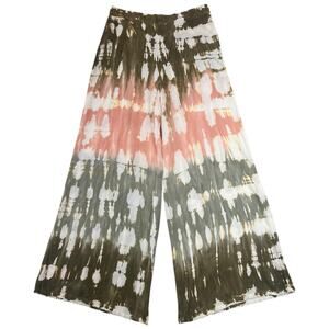Young Fabulous & Broke Tie Dye Wide Leg Pants Flowy Boho Pink Olive Pull-on - M